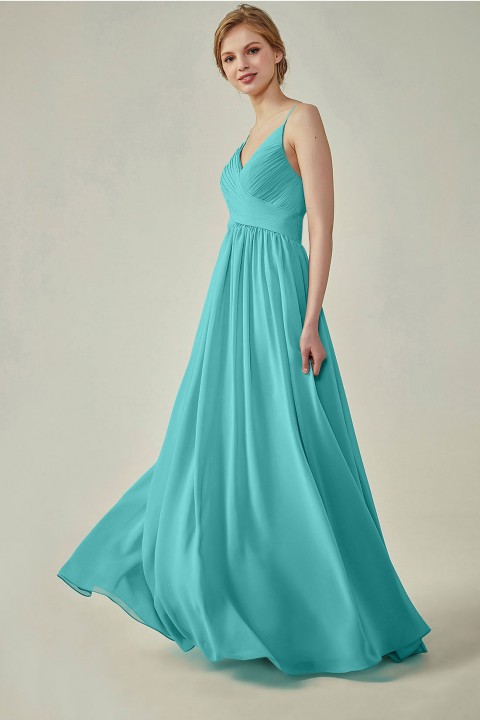 Spaghetti Straps Pleated Low V Back Bridesmaid Dress