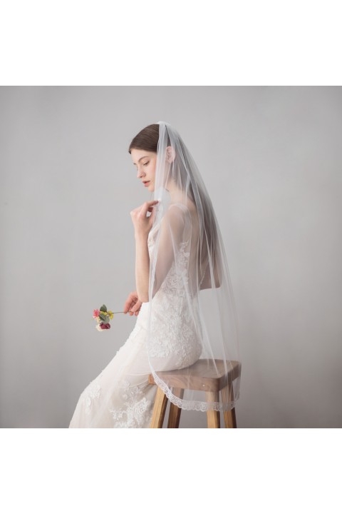 Simple White Lacework Long Soft Tulle Wedding Bridal Veil With Comb