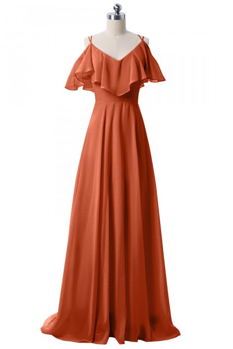 Double Spaghetti Straps V Neck Chiffon Bridesmaid Dress with Flouncing Top