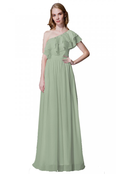 Asymmetrical One-Shoulder Flounce Chiffon Bridesmaid Dress Long