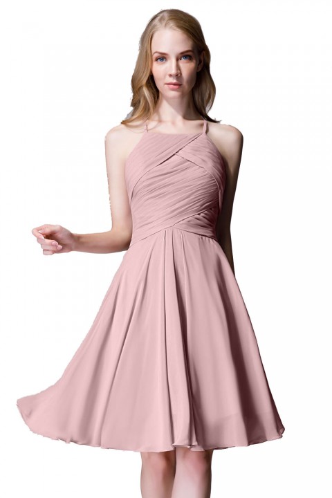 Elegant Halter Tea Length Pleated Chiffon Bridesmaid Dress with Tie Back