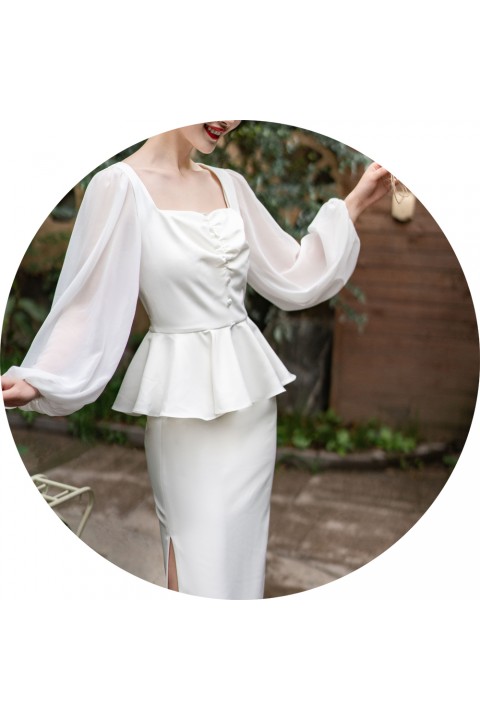 White Square Neck Long Puff Sleeves Button Decor Peplum High Waist Side Slit Chiffon Bridesmaid Dress