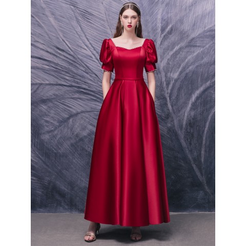 Red Sweetheart Square Neck Puff Sleeves Pearl Decored Satin Party Dress