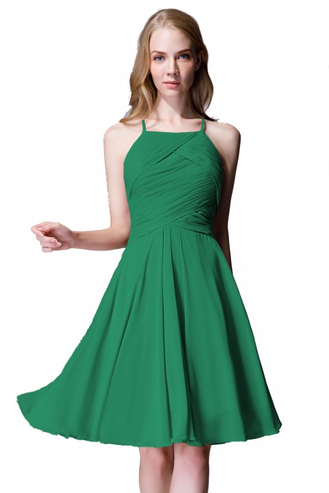 Elegant Halter Tea Length Pleated Chiffon Bridesmaid Dress with Tie Back