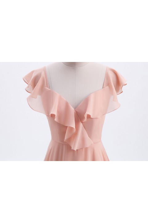 V Neck Cascading Ruffles Sleeve Bow Back Bridesmaid Dress 