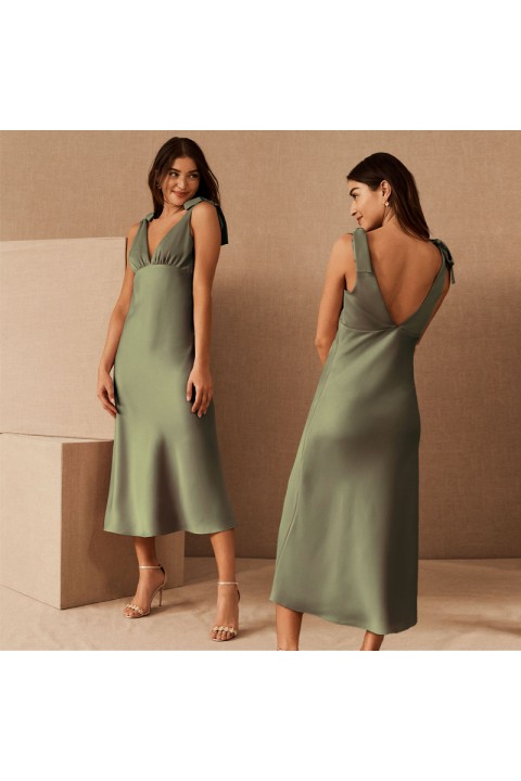 Silver Sage Double V Neck Bowknot Decor High Waist Satin Bridesmaid Dress