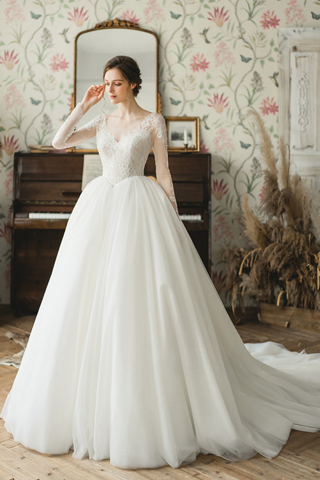 a line wedding dress with tulle skirt