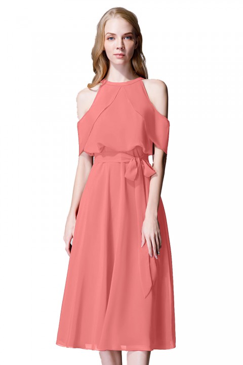 Flirty Off Shoulder Chiffon Ruffled Detachable Belt Bridesmaid Dress Short