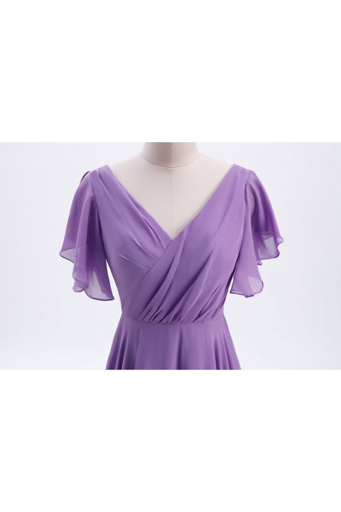 Flutter Sleeve Chiffon Ruched V Back Bridesmaid Dress Long