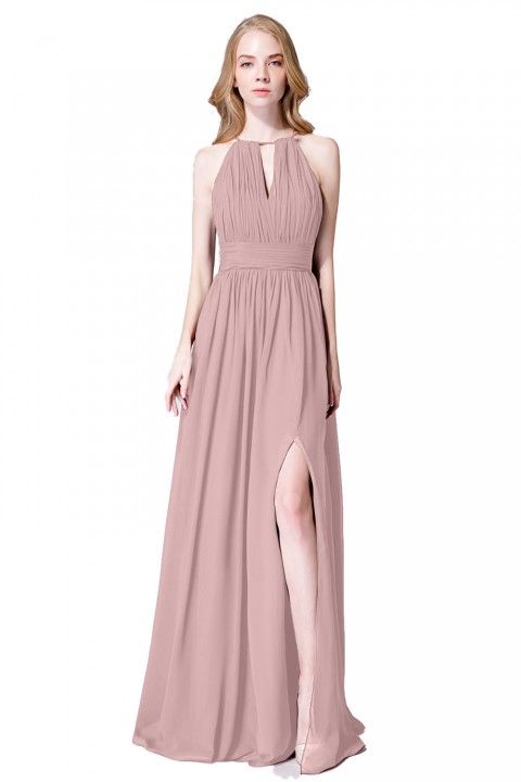 High-Neck with Keyhole Halter Tie Back Chiffon Bridesmaid Dress 