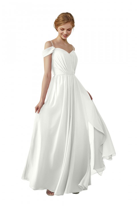 A-Line Cold Shoulder Spaghetti Straps Chiffon Bridesmaid Dress with Side Slit