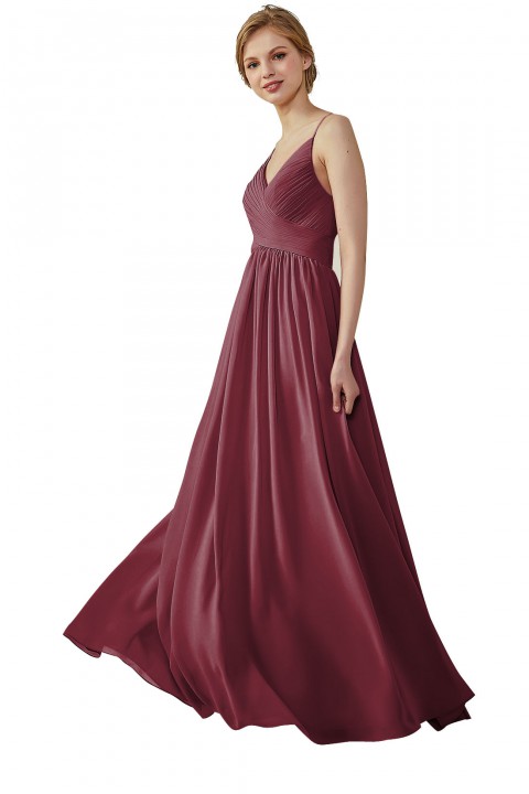 Spaghetti Straps Pleated Low V Back Bridesmaid Dress