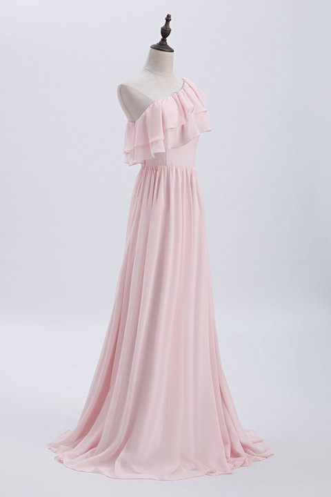 Asymmetrical One-Shoulder Flounce Chiffon Bridesmaid Dress Long