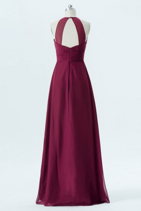 Illusion Halter Long Straps Back Chiffon Bridesmaid Dress 