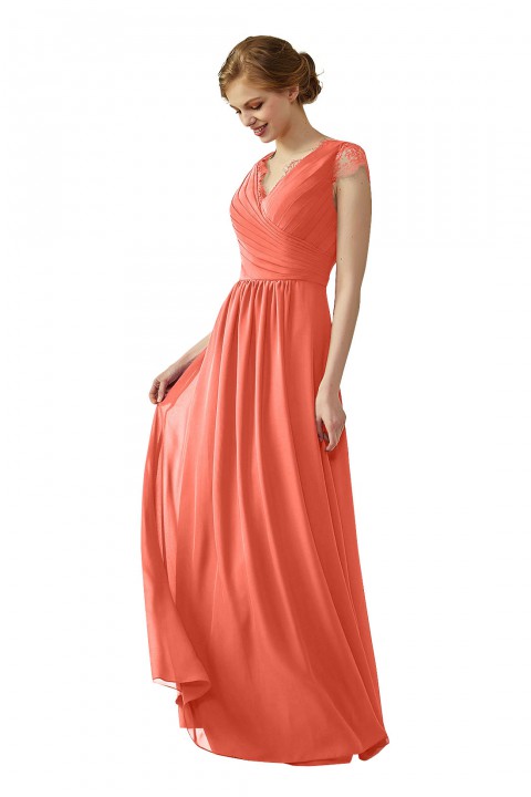 Lace Cap Sleeves  V-Neck Lace Back Closure with Keyhole Bridesmaid Dress