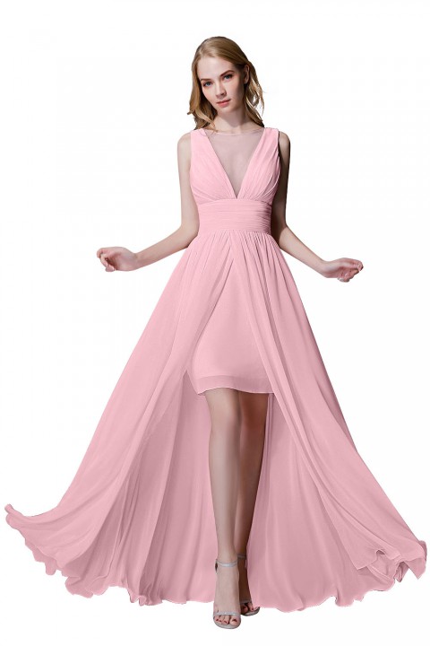 Plunging Illusion Tulle Scoop Neck High Slit Chiffon Bridesmaid Dress