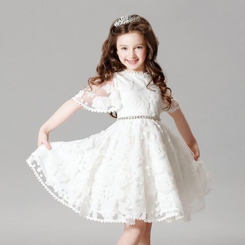 White Mandarin Sleeve Applique Embroidered Lace Skirt Girls Pageant Dresses