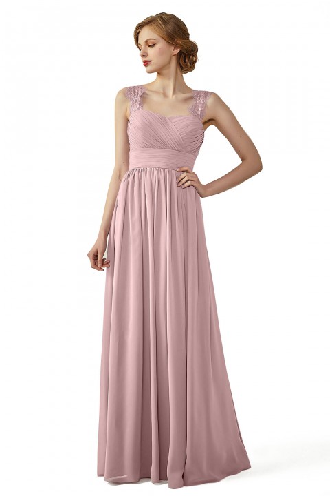 Pleated Long Chiffon Open Back Lace Strap Bridesmaid Dress