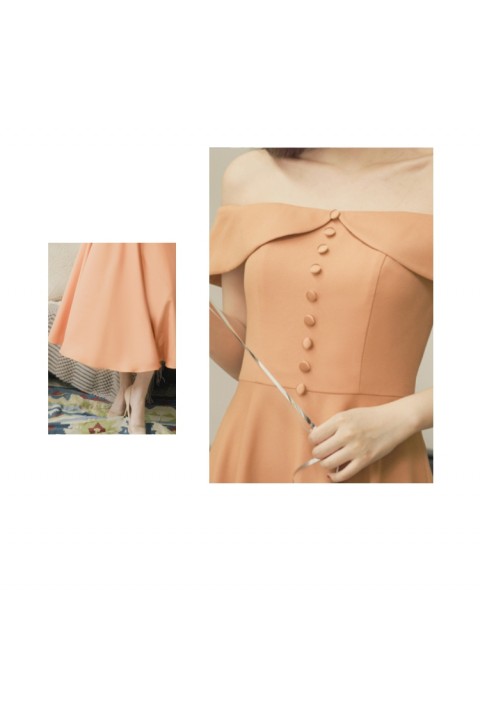 Orange Off Shoulder Button Decor High Waist Chiffon Bridesmaid Dress