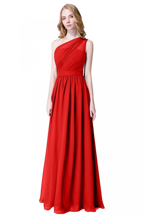 Illusion One-Shoulder Chiffon Pleated Bridesmaid Dress Long