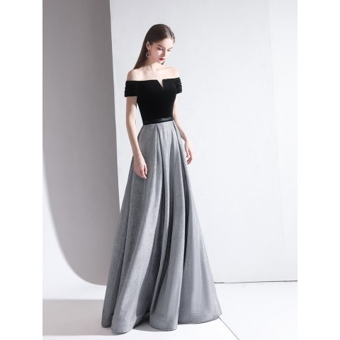 Black Off Shoulder Sleeveles Grey Seqins Skirt Velvet Party Dress