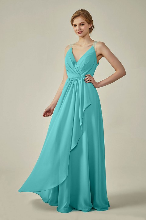 Lace Illusion Back Clousre Tulle Strap V-Neck Bridesmaid Dress with Ruffle