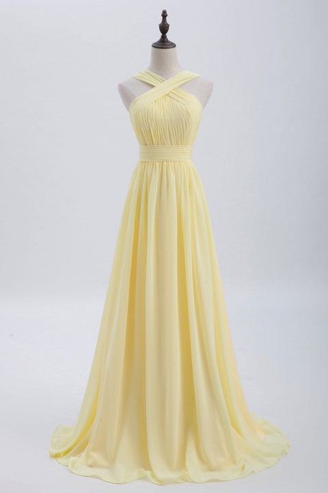 Criss-cross Halter Pleated Chiffon Bridesmaid Dress with Cross-straps Back