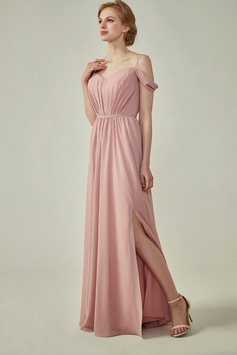 Clearance | A-Line Cold Shoulder Spaghetti Straps Chiffon Bridesmaid Dress with Side Slit