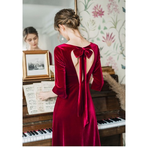 Burgundy V-neck Tie Back Velvet Party Dress