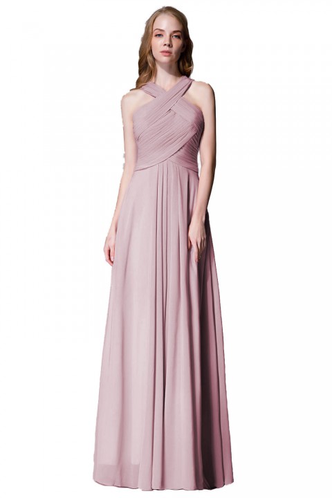 Chic Criss-cross Halter Pleated Chiffon Bridesmaid Dress Long