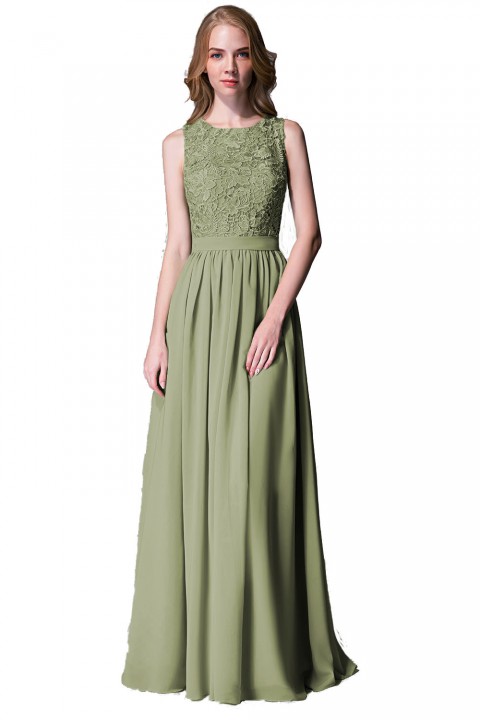 Lace Upper Bodice Illusion Scoop Neck Chiffon Bridesmaid Dress Sleeveless