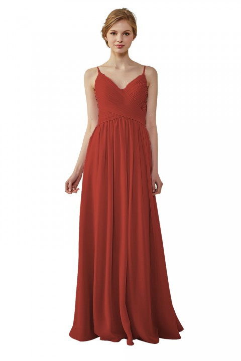 Spaghetti Straps Pleated Low V Back Bridesmaid Dress