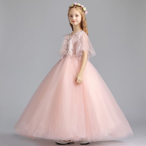 Pink V-Neck Cap Sleeve Embroidery Flowers Decor Tulle Skirt Girls Pageant Dresses