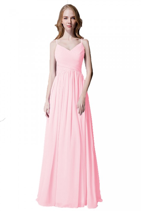 Spaghetti Straps Pleated Chiffon Bridesmaid Dress with Lace Open Back