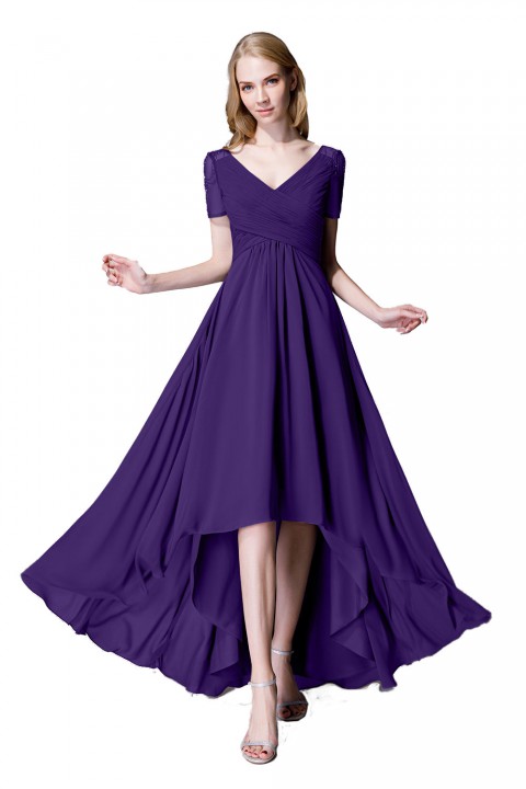 Criss Pleated V-neck High-low Chiffon Bridesmaid Dress with Illusion Sleeves