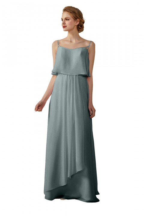 Boho Spaghetti Straps Chiffon V-Back Bridesmaid Dress with Flounce