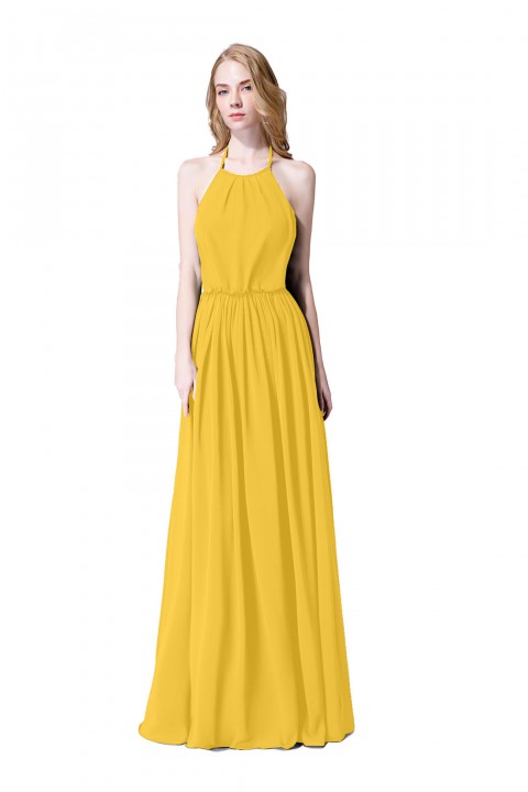 Halter Spaghetti Strap Open Back Chiffon Bridesmaid Dress with Sash