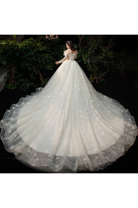 Plus Size 2021 Off Shoulder Long Sleeves Beaded Decor Embroidered Flower Tulle Wedding Dress With Long Train