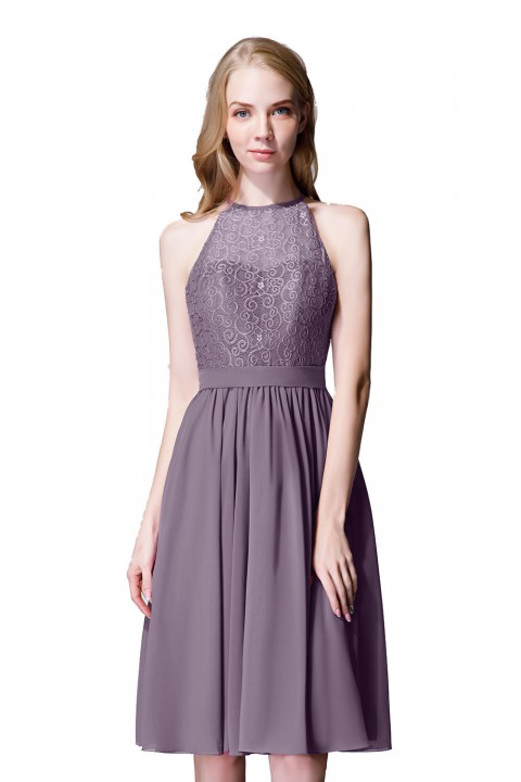 Illusion High Neck Halter Lace Short Bridesmaid Dress with Tie Detail