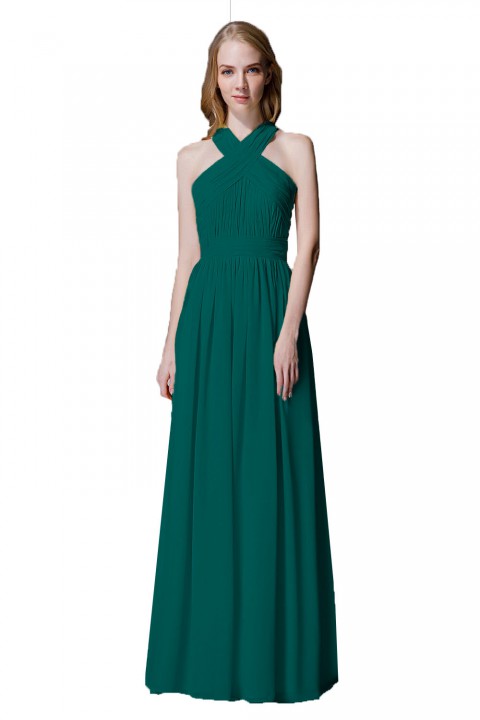 Criss-cross Halter Pleated Chiffon Bridesmaid Dress with Cross-straps Back