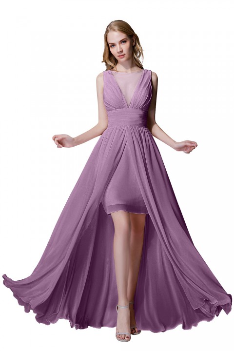 Plunging Illusion Tulle Scoop Neck High Slit Chiffon Bridesmaid Dress