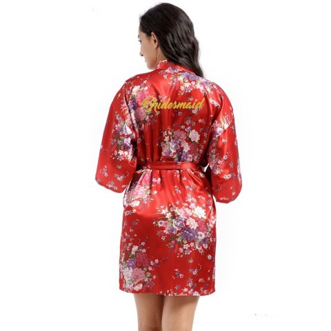 Floral Slogan Printed Tied Waist Silk Bridesmaid Robe