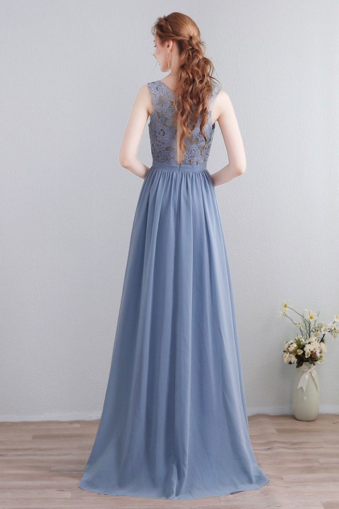 Lace Upper Bodice Illusion Scoop Neck Chiffon Bridesmaid Dress Sleeveless