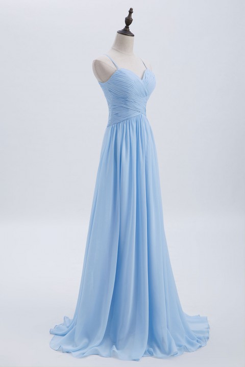 Spaghetti Straps Halter Neckline Front Cascade Bridesmaid Dress with Keyhole Back