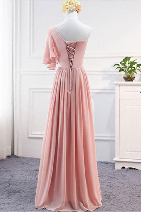 Asymmetrical Flutter Sleeve One Shoulder Corset Bridesmaid Dress Long