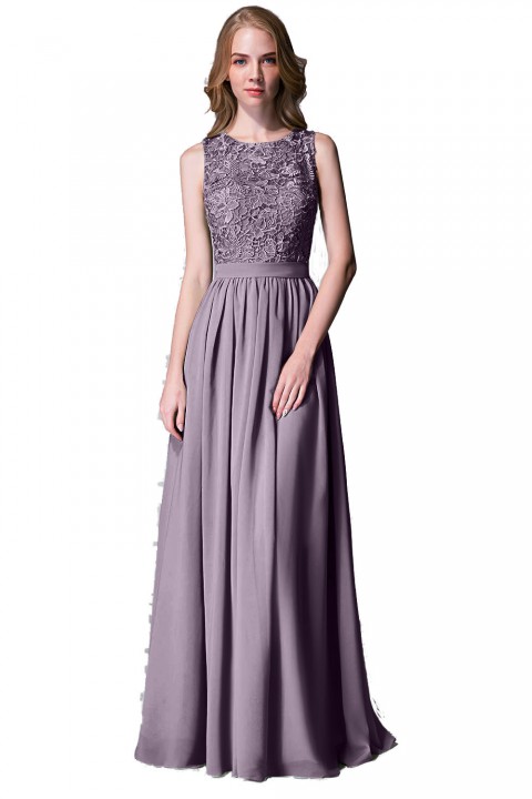 Lace Upper Bodice Illusion Scoop Neck Chiffon Bridesmaid Dress Sleeveless