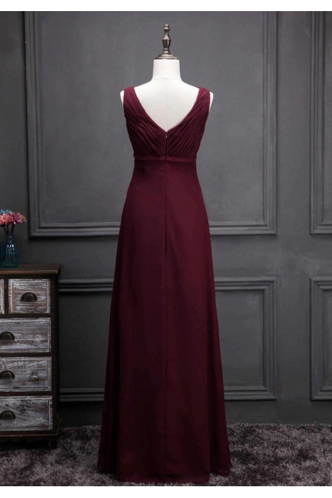 V Neck & Back Thin Sash Ruched Chiffon Bridesmaid Dress Long