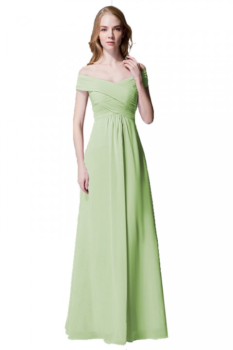 Crisscross Off-the-Shoulder Pleated V-back Bridesmaid Dress Long