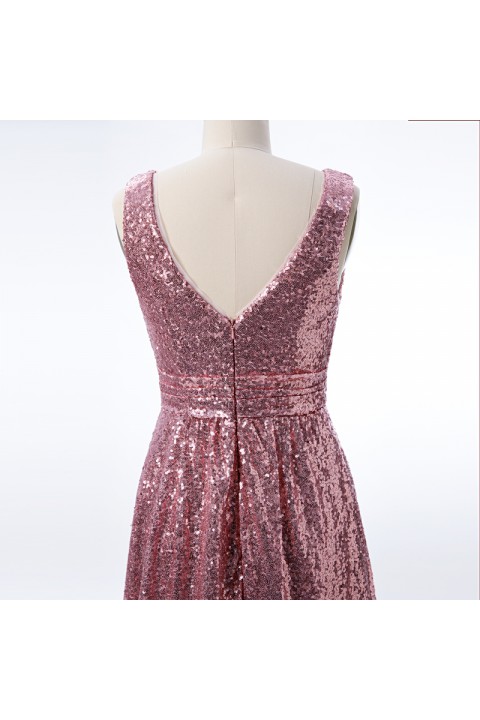 V Neck Ruched Bodice Glitter Sequin Bridesmaid Dress