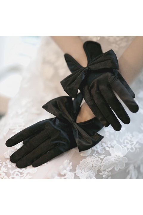 White Big Bow Decor Bright Satin Wedding Bridal Gloves